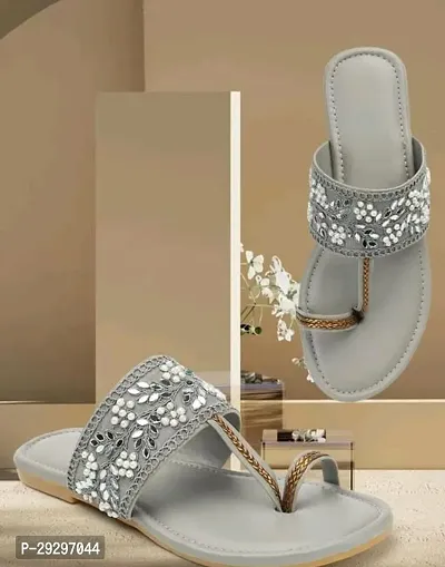 Elegant Grey Synthetic Embellished Flip Flops For Women
