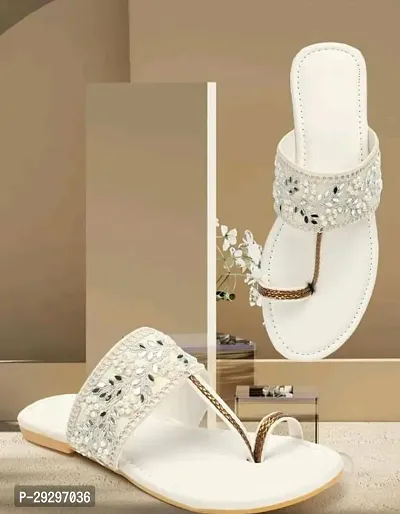 Elegant White Synthetic Embellished Flip Flops For Women