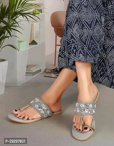 Elegant Grey Synthetic Embellished Flip Flops For Women