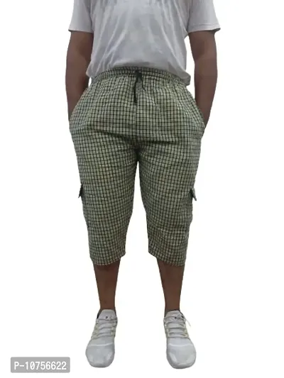 Men's Cotton Checkered Printed 3/4 Capri, Shorts, Yellow Pack-of -1 (Size-XL)