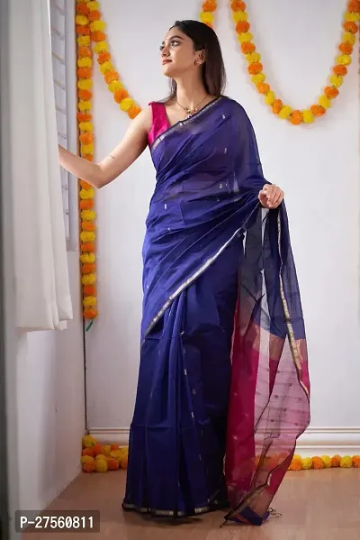 Stylish Cotton Blue Printed Saree With Blouse Piece For Women