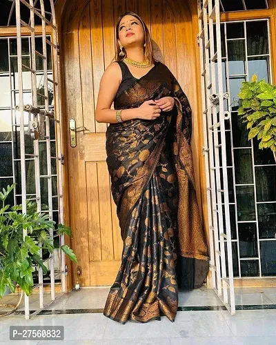 Stylish Cotton Black Printed Saree With Blouse Piece For Women