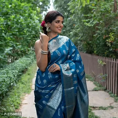 Stylish Cotton Blue Printed Saree With Blouse Piece For Women