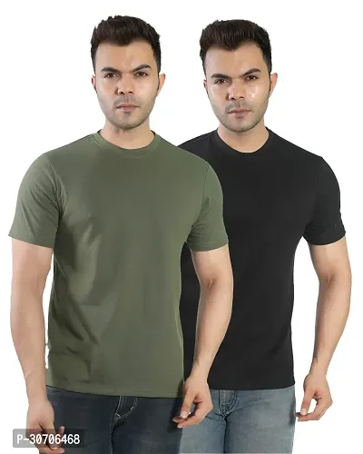 Trendy Multicoloured Cotton Solid Round Neck T Shirt for Men Pack of 2-thumb0