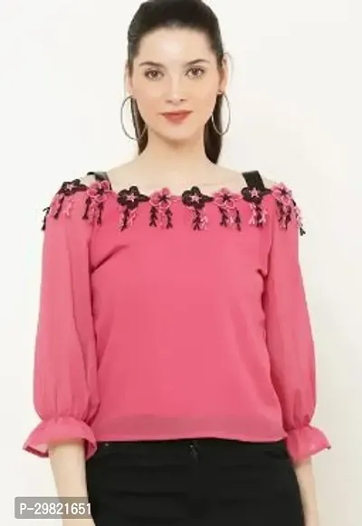 Elegant Pink Georgette Embroidered Crop Length Top For Women-thumb0