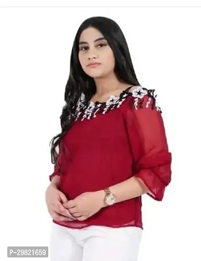 Elegant Red Georgette Embroidered Crop Length Top For Women