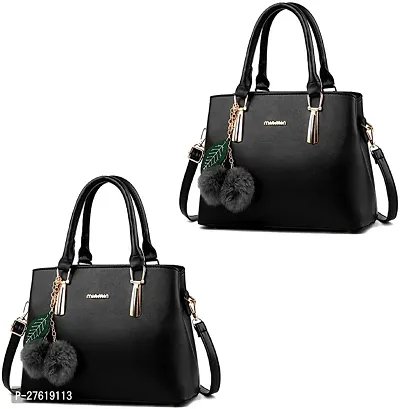 Fancy Black PU Solid Handbags For Women Pack Of 2