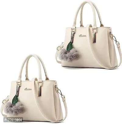 Fancy White PU Solid Handbags For Women Pack Of 2-thumb0