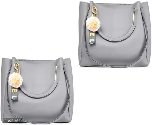 Fancy Grey PU Solid Handbags For Women Pack Of 2-thumb0