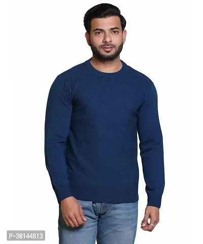 Stylish Navy Blue Acrylic Solid Long Sleeves Pullover Sweater For Men-thumb0