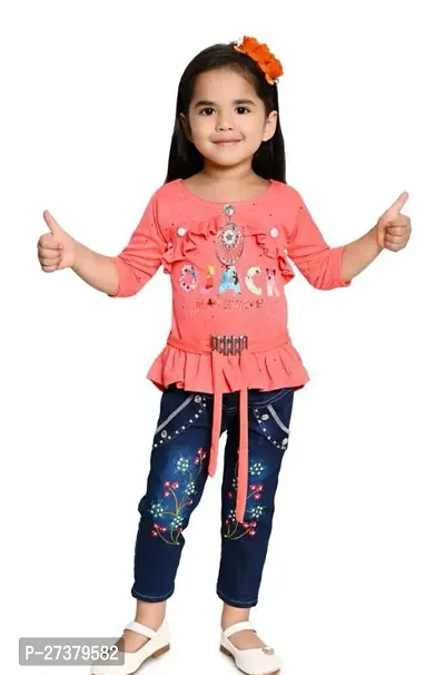 Stylish Peach Printed Denim Jeans With Top For Girl-thumb0