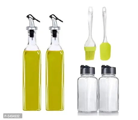 Oil Dispenser 500 Ml Bottle Set Of 2 Spice Jar Set Of 2 Spatula And Oil Brush Transparent Pack Of 6 Glass-thumb0