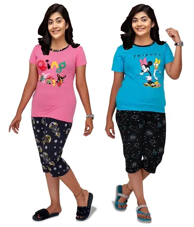 Kids Capri Night Suit Half Sleeve and Pant Set Looks Trendy and Casual Purpose