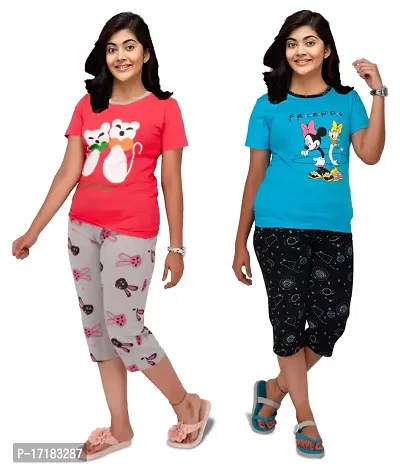 Kids Capri Night Suit Half Sleeve and Pant Set Looks Trendy and Casual Purpose-thumb0