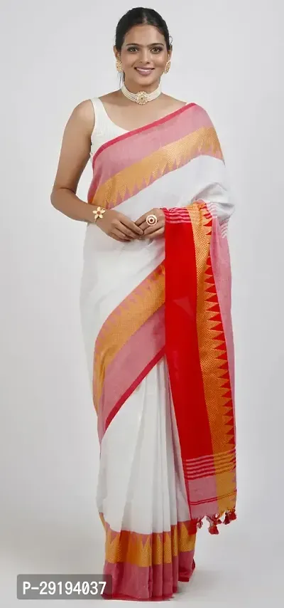 Stylish Cotton White  Saree with Blouse piece For Women-thumb0