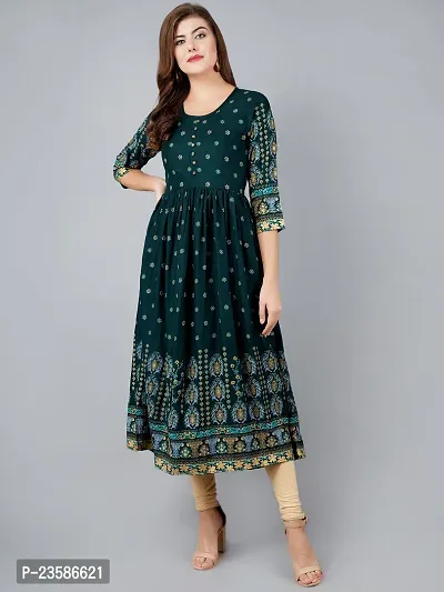 Elegant Green Viscose Rayon Printed Flared Kurta For Women-thumb0