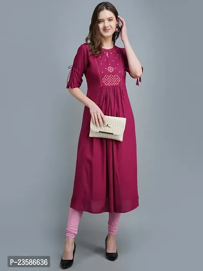 Elegant Purple Viscose Rayon Embroidered A-Line Kurta For Women-thumb0