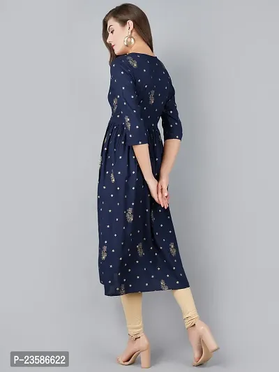 Elegant Navy Blue Viscose Rayon Printed Flared Kurta For Women-thumb2