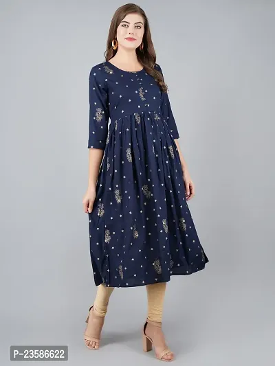 Elegant Navy Blue Viscose Rayon Printed Flared Kurta For Women-thumb5