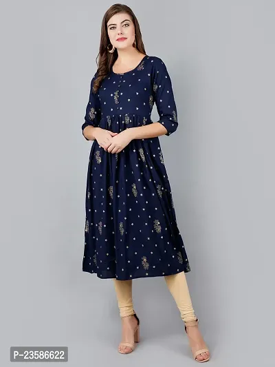 Elegant Navy Blue Viscose Rayon Printed Flared Kurta For Women-thumb0