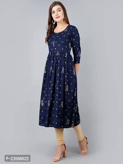 Elegant Navy Blue Viscose Rayon Printed Flared Kurta For Women-thumb4