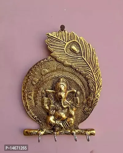 Classic Morpankh Ganesha Wall Hanging With 4 Key Holder For Home-Office Decor And Gift ( Brass-18 Cm)-thumb0