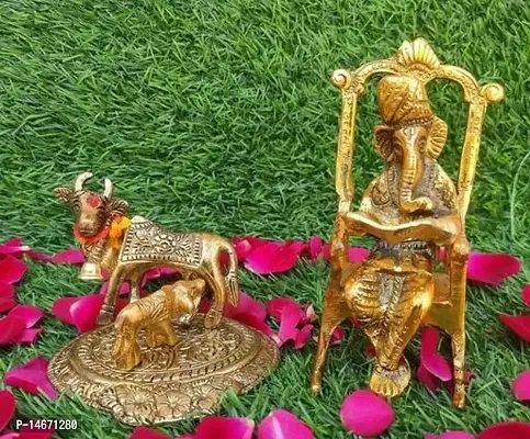 Classic Ganesha Sitting On Chair With Kamdhenu Cow With Calf (Combo)