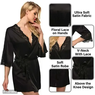 Fihana Stylish Sexy Women Satin Robe Nighty with Matching lace Bra Panty Set Women Babydoll Night Gown Combo Nightwear Set Black-thumb3