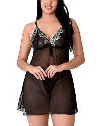 Fihana Solid Net Lace Above Knee Women's Babydolls Lingerie Chemise Sleepwear Nighty for Honeymoon Black-thumb1