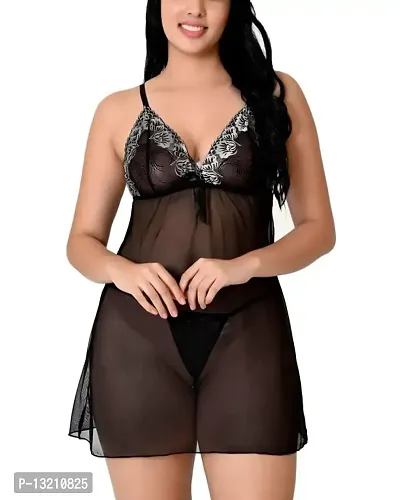 Fihana Solid Net Lace Above Knee Women's Babydolls Lingerie Chemise Sleepwear Nighty for Honeymoon Black-thumb2