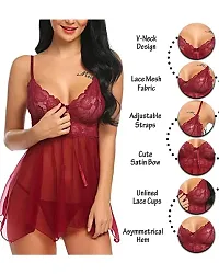 Roli Poli Womens Net Lace V-Neck Baby Doll Lingerie Sleepwear Chemise Nightwear for Honeymoon Anniversary Nights. Small to 3XL Maroon-thumb1