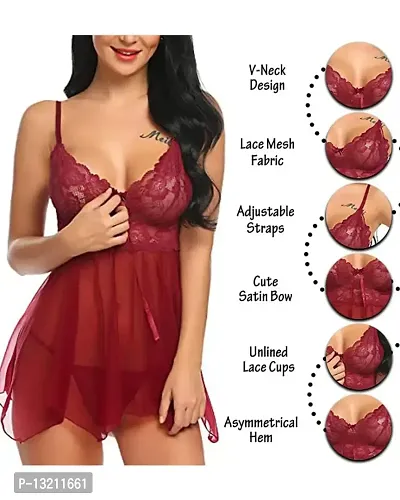 Roli Poli Womens Net Lace V-Neck Baby Doll Lingerie Sleepwear Chemise Nightwear for Honeymoon Anniversary Nights. Small to 3XL Maroon-thumb2