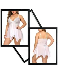 Fihana Net Lace Above Knee Babydoll Lingerie Honeymoon Nightwear Sleepwear Nighty with G-String Panty, Fits Well for Plus Size. White-thumb3
