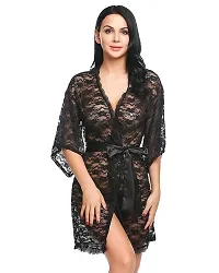 Fihana Women Net Lace Solid Babydoll Robe Nightgown Lingerie, Honeymoon Night Dress in Black Color, Small to 3XL-thumb2