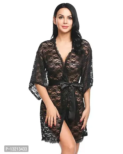 Fihana Women Net Lace Solid Babydoll Robe Nightgown Lingerie, Honeymoon Night Dress in Black Color, Small to 3XL-thumb3