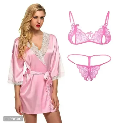 Fihana Stylish Sexy Women Robe Nighty with Matching Net Bra Panty Set Women Babydoll Combo Nightwear Set Pink-thumb0