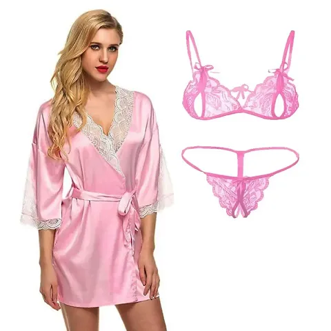 Fihana Stylish Sexy Women Robe Nighty With Matching Net Bra Panty Set Women Babydoll Combo Nightwear Set