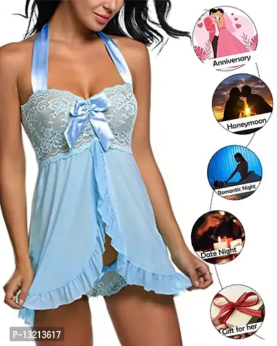 Fihana Spendex Women Babydoll Lingerie Nighty Honeymoon Nightwear (Small to 2XL Fits Well for Plus Size) Light Blue-thumb2