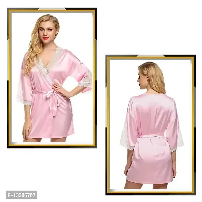 Fihana Stylish Sexy Women Robe Nighty with Matching Net Bra Panty Set Women Babydoll Combo Nightwear Set Pink-thumb5