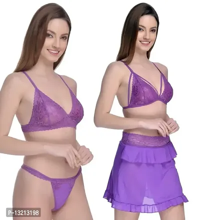 Roli Poli Spandex Net Lace Babydoll Nighty with Bra & Panty Combo, Lingerie Set for Women Small to 3XL-thumb5