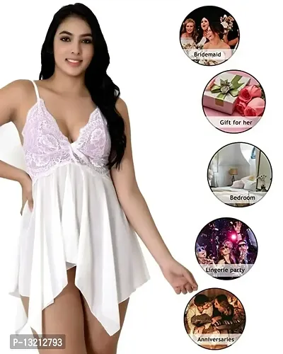 Fihana Babydoll Nightwear Lingerie with Matching G-String Panty, Nighty for Women, Baby Doll Night Dress for Honeymoon Small to 3XL White-thumb4