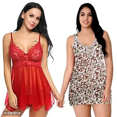 Fihana, Net Above Knee Babydoll Lingerie for Women, Honeymoon Sleepwear Nightwear Combo Pack of 2 in Red, Pink, Black, White  Green Color, Small to 3XL-thumb0