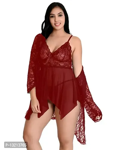 Fihana Net Spandex Lycra Women Babydoll Lingerie Nighty 2 Piece in Black, Red, Maroon Color Lingerie Baby Doll for Women Small to 3XL-thumb5