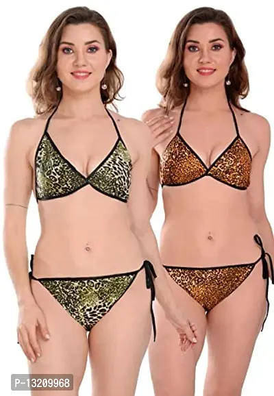 Fihana Satin Animal Print Embellished Bikini Bra & Panty Lingerie Set for Women & Girls, Fits Well For Plus Size.