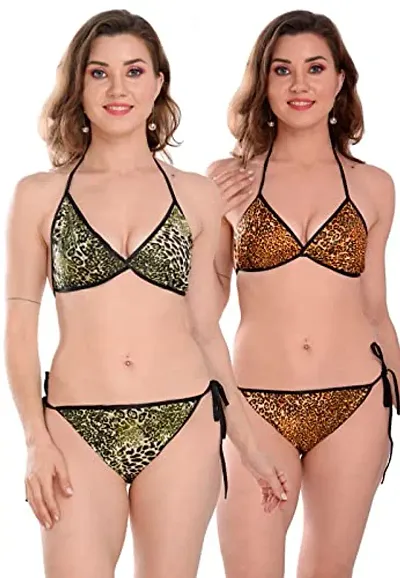 Fihana Satin Animal Print Embellished Bikini Bra & Panty Lingerie Set for Women & Girls, Fits Well for Plus Size.