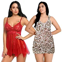 Fihana, Net Above Knee Babydoll Lingerie for Women, Honeymoon Sleepwear Nightwear Combo Pack of 2 in Red, Pink, Black, White  Green Color, Small to 3XL-thumb4