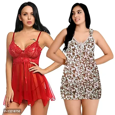 Fihana, Net Above Knee Babydoll Lingerie for Women, Honeymoon Sleepwear Nightwear Combo Pack of 2 in Red, Pink, Black, White  Green Color, Small to 3XL-thumb5