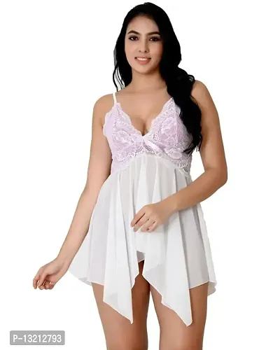 Fihana Babydoll Nightwear Lingerie with Matching G-String Panty, Nighty for Women, Baby Doll Night Dress for Honeymoon Small to 3XL White-thumb0