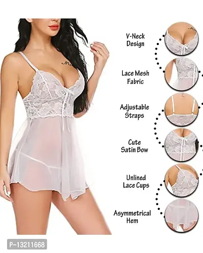 Fihana Womens V Neck Net Lace Babydoll Lingerie for Women, Sleepwear for Honeymoon, First Night, Anniversary Nightdress Small to 3XL Beige-thumb2