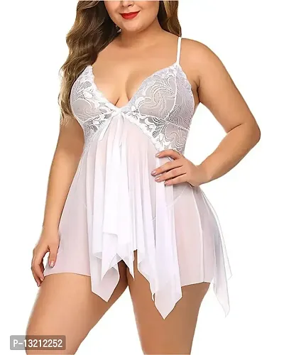 Fihana Women's Net Lace Above The Knee Babydoll Lingerie, Honeymoon Nightwear with Matching Panty, Small to 3XL White